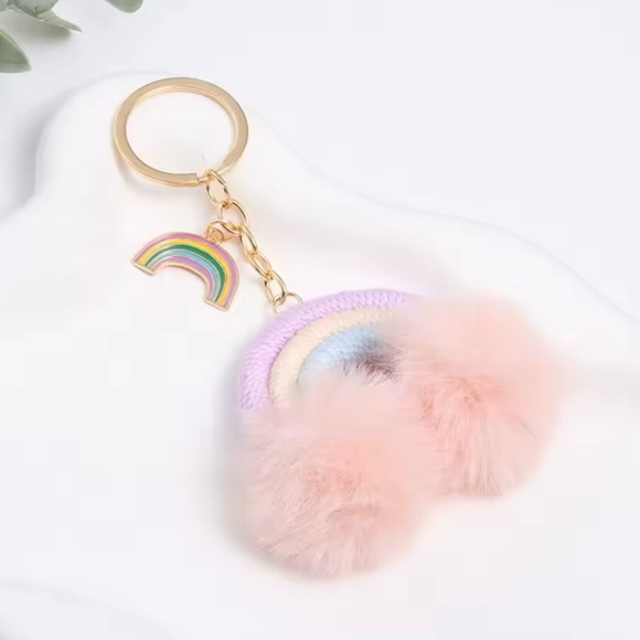 Pastel Rainbow Pom Pom Keychain | Cute Bag Charm - Picture 1 of 5